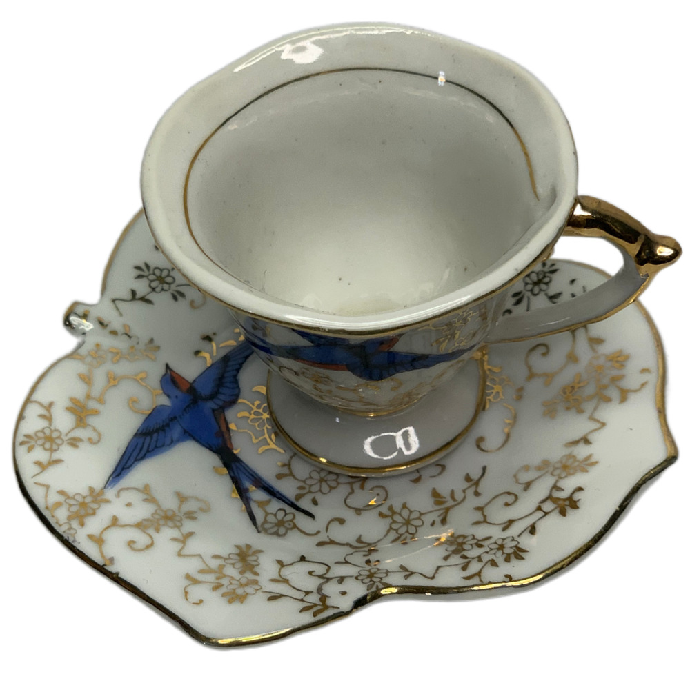 Vintage Demitasse Cup With Leaf Shaped Saucer Hand Painted House Swallow Japan